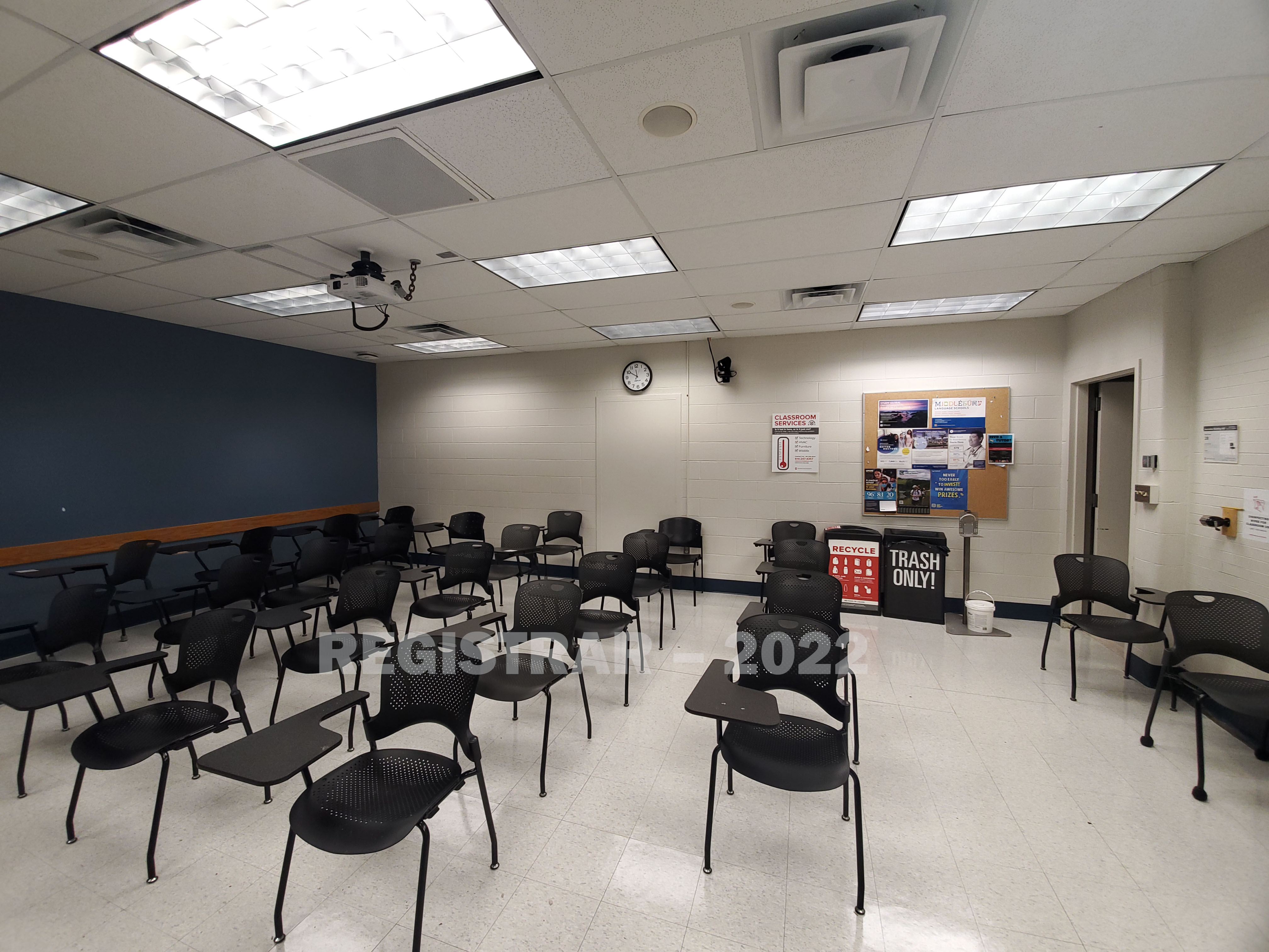 Journalism Building room 143 ultra wide angle view from the front of the room