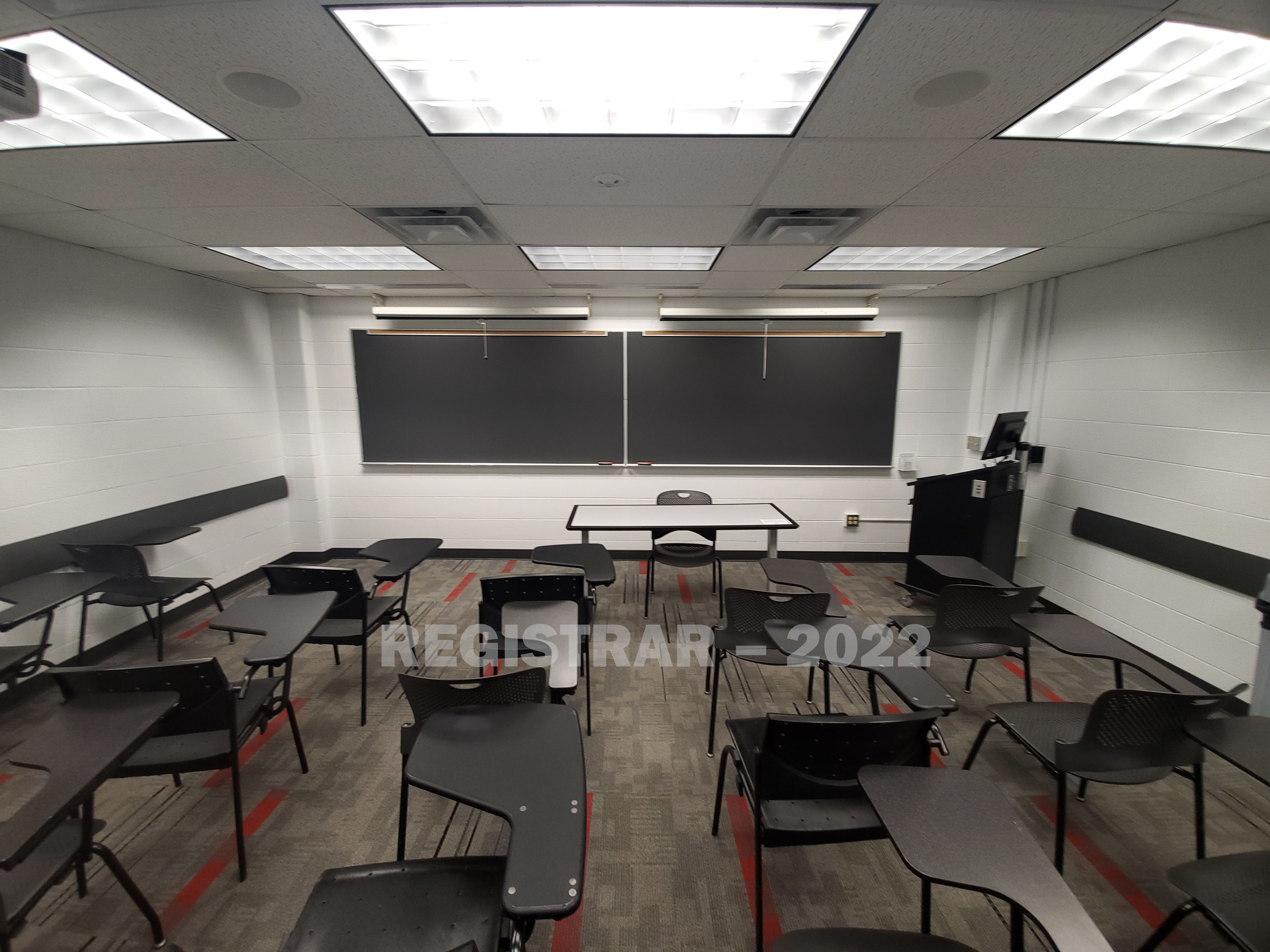 University Hall room 74 ultra wide angle view from the back of the room