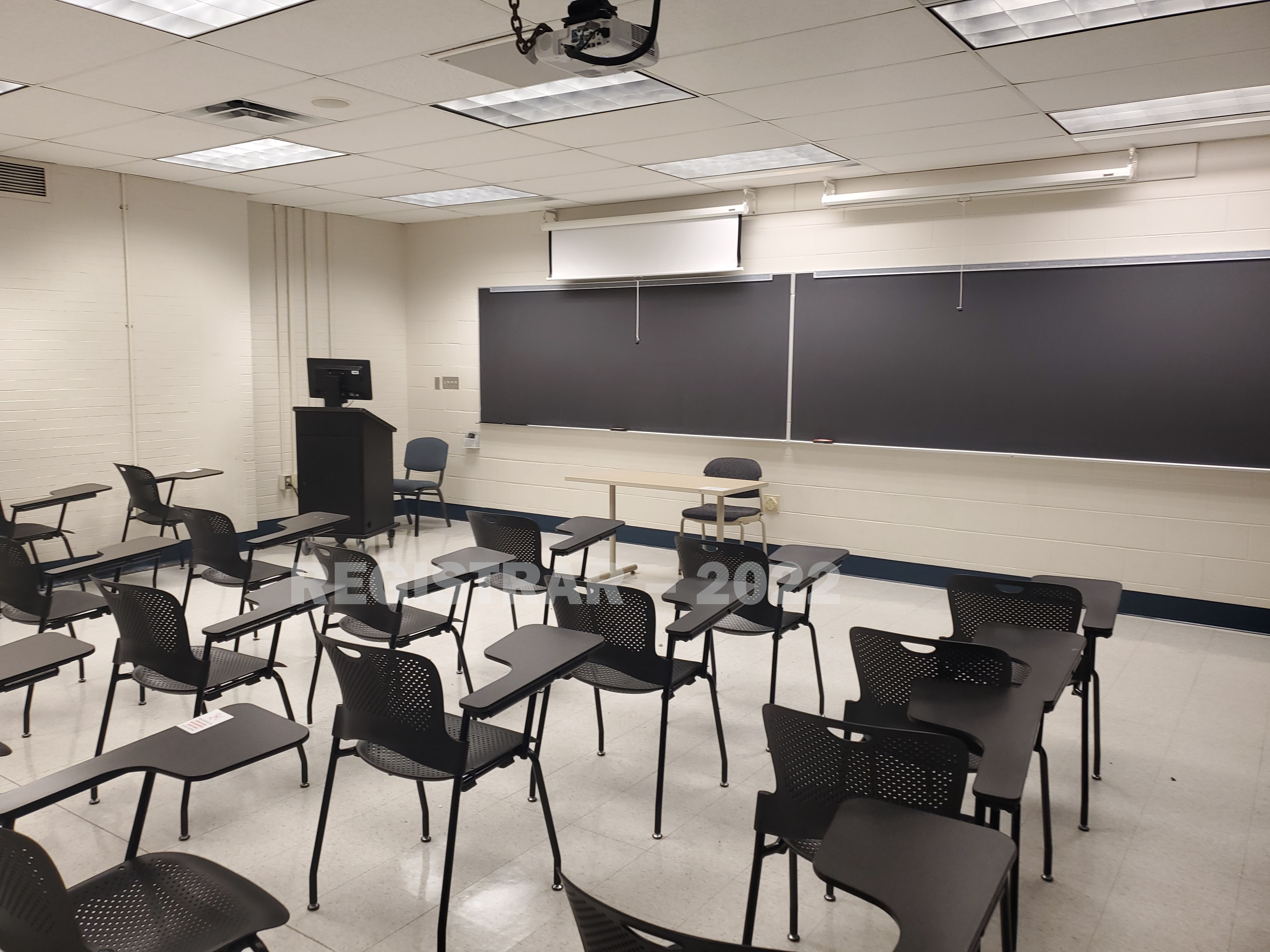 Journalism Building room 143 view from the back of the room