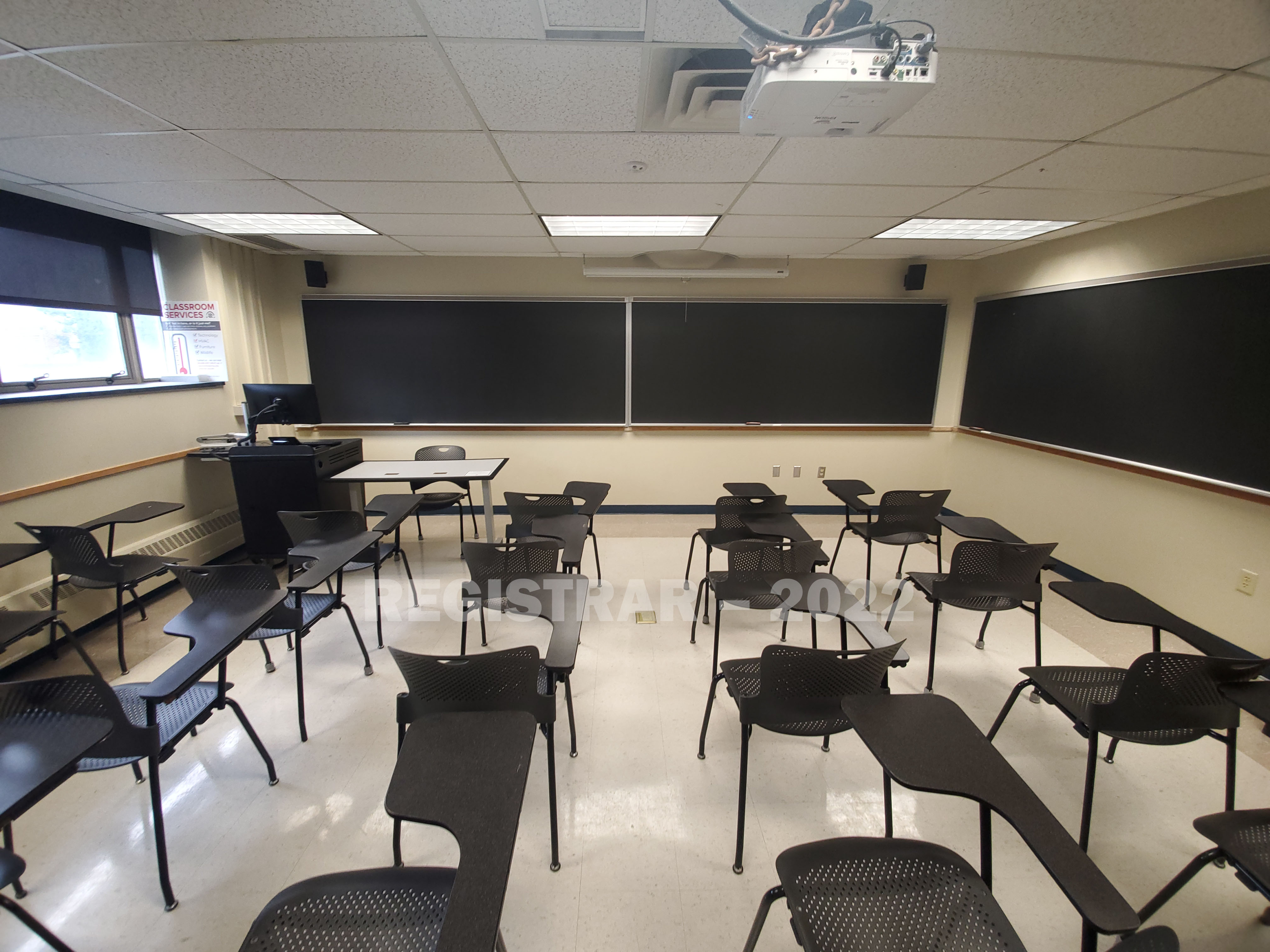 Enarson Classroom Building room 212 ultra wide angle view from the back of the room