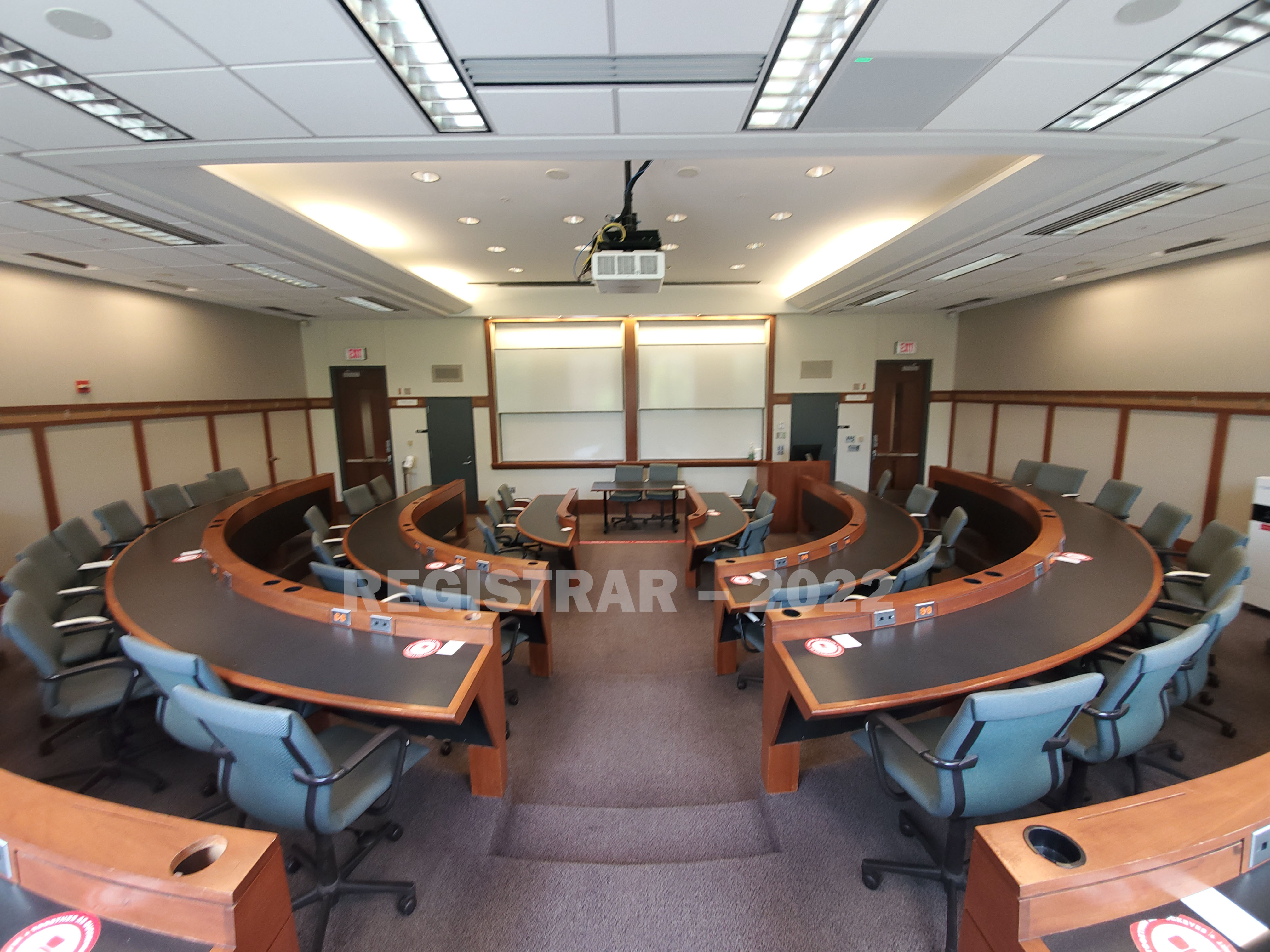 Schoenbaum Hall room 215 ultra wide angle view from the back of the room
